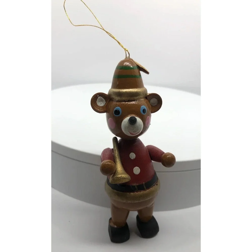 Vintage Christmas Wooden Teddy Bear Toy Ornament With‎ Horn Musical 4.25